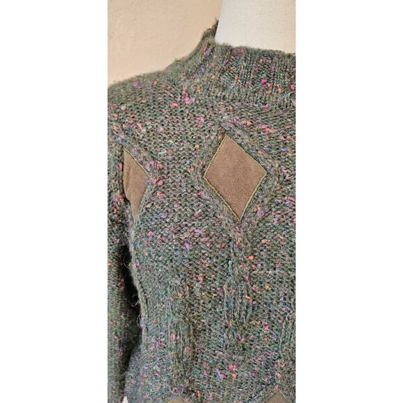Vintage Needleworks 1990 Wool Mohair Sweater Green Cable Knit Suede Small Womens - Picture 2 of 7